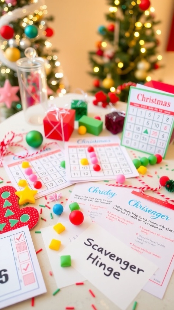 DIY Christmas Games for Holiday Fun A table decorated for Christmas games with bingo cards and scavenger hunt clues, surrounded by festive decorations.